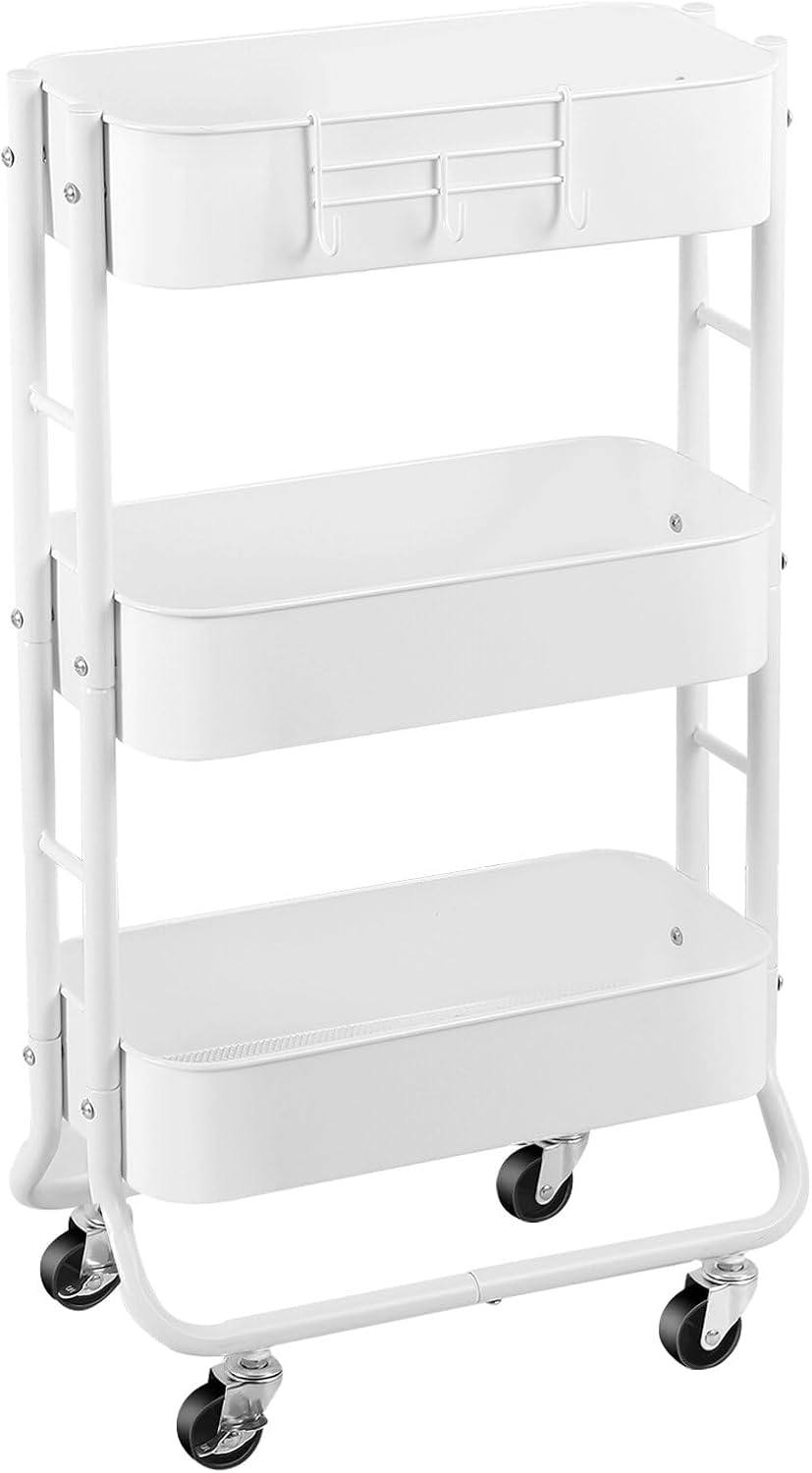 White 3-Tier Slim Rolling Cart with Hooks
