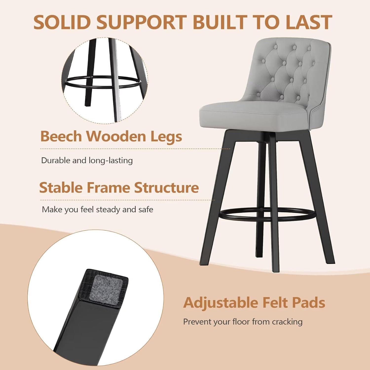Light Gray Tufted Swivel Bar Stools Set of 3