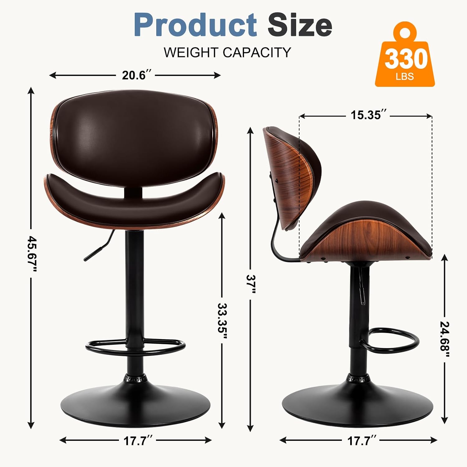 Brown Adjustable Swivel Bar Stools Set 2