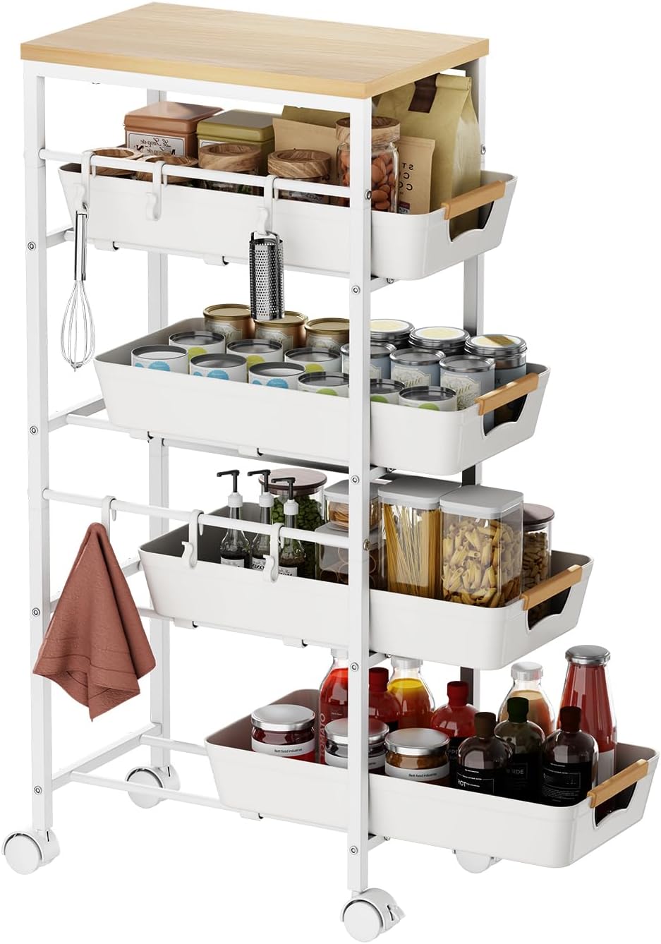 White Wood Top Slim Cart with Baskets