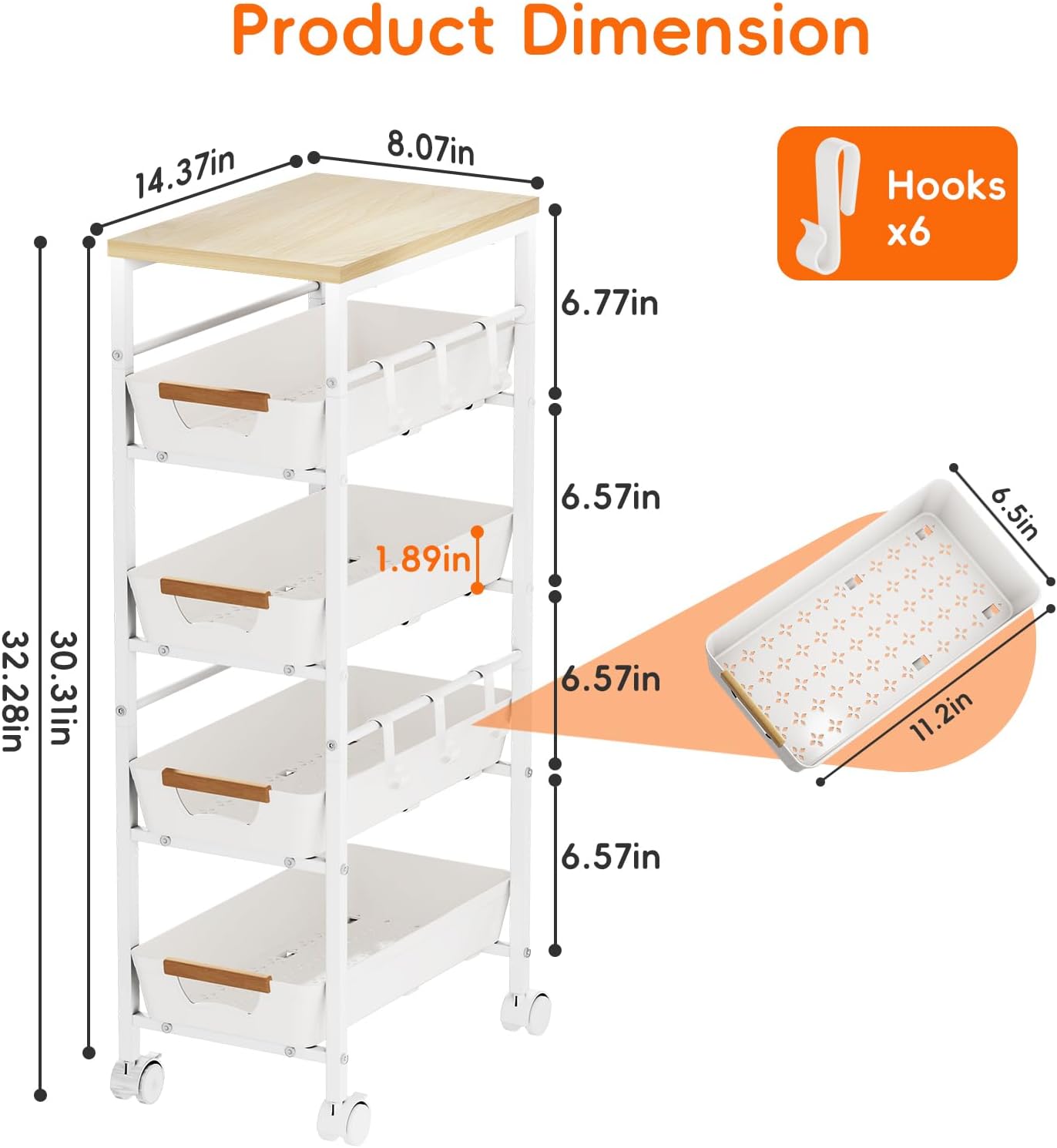 White Wood Top Slim Cart with Baskets