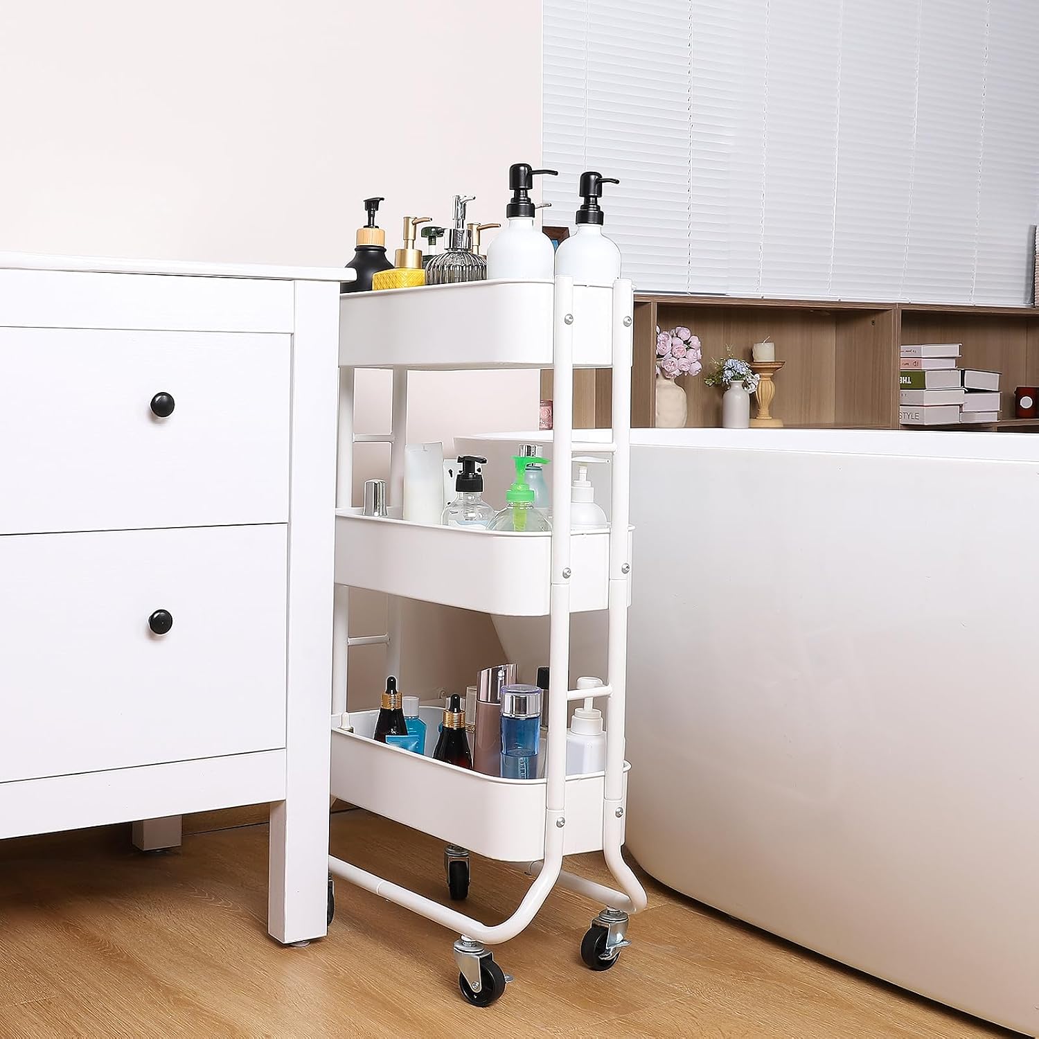 White 3-Tier Slim Rolling Cart with Hooks