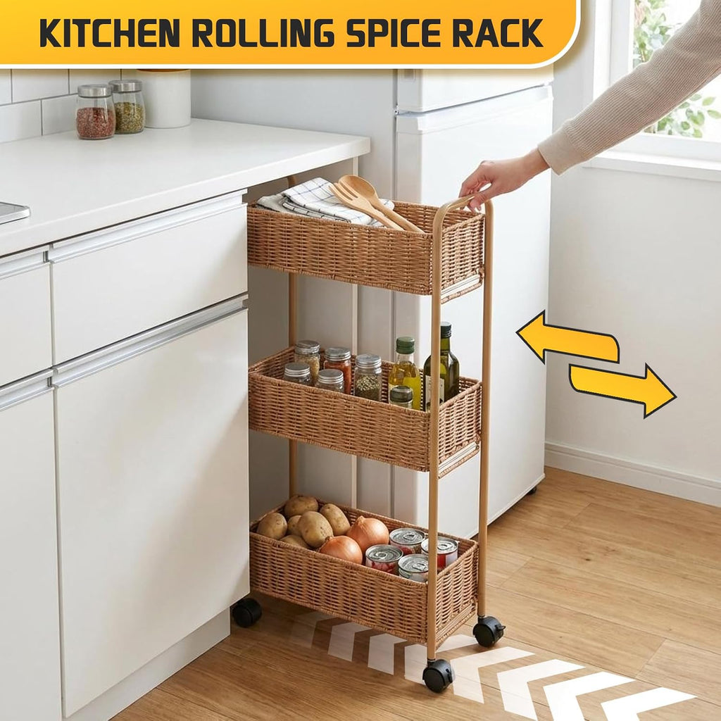 Natural 3-Tier Slim Rolling Storage Cart