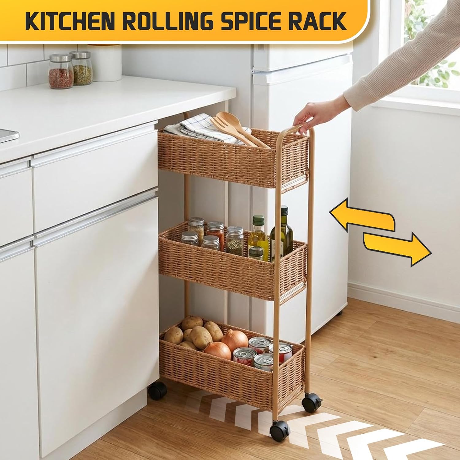 Natural 3-Tier Slim Rolling Storage Cart
