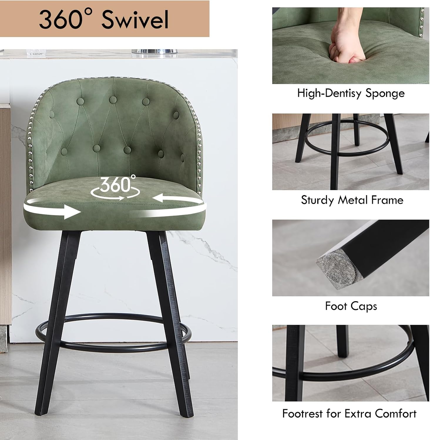 Green Tufted Bar Stools Set 2