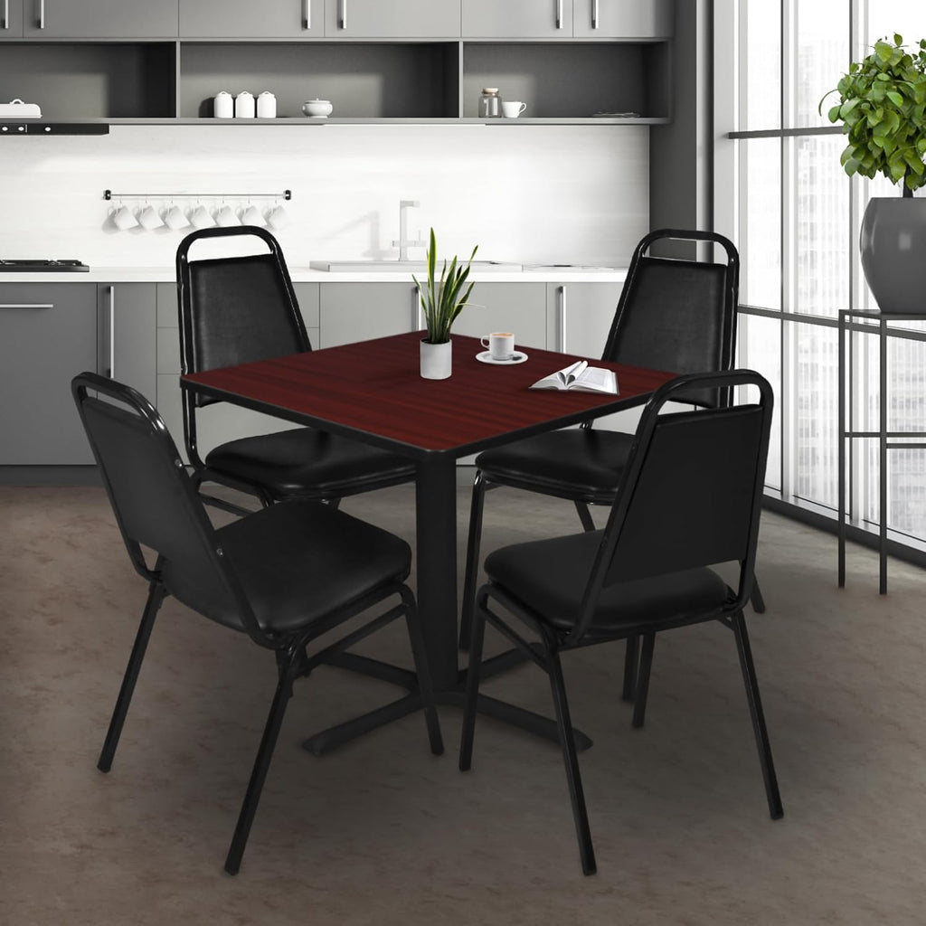 Mahogany X-Base Table & Black Stackable Chairs Set