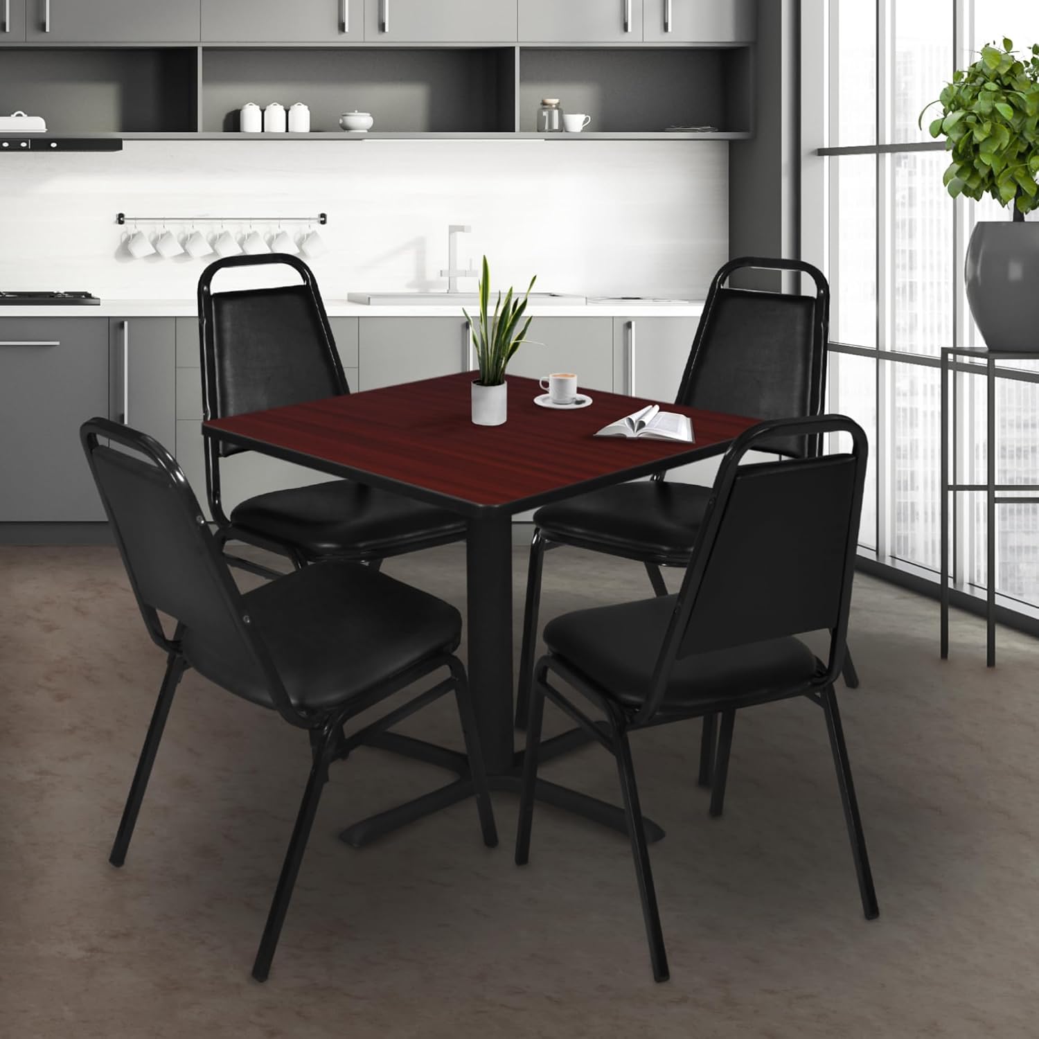 Mahogany X-Base Table & Black Stackable Chairs Set