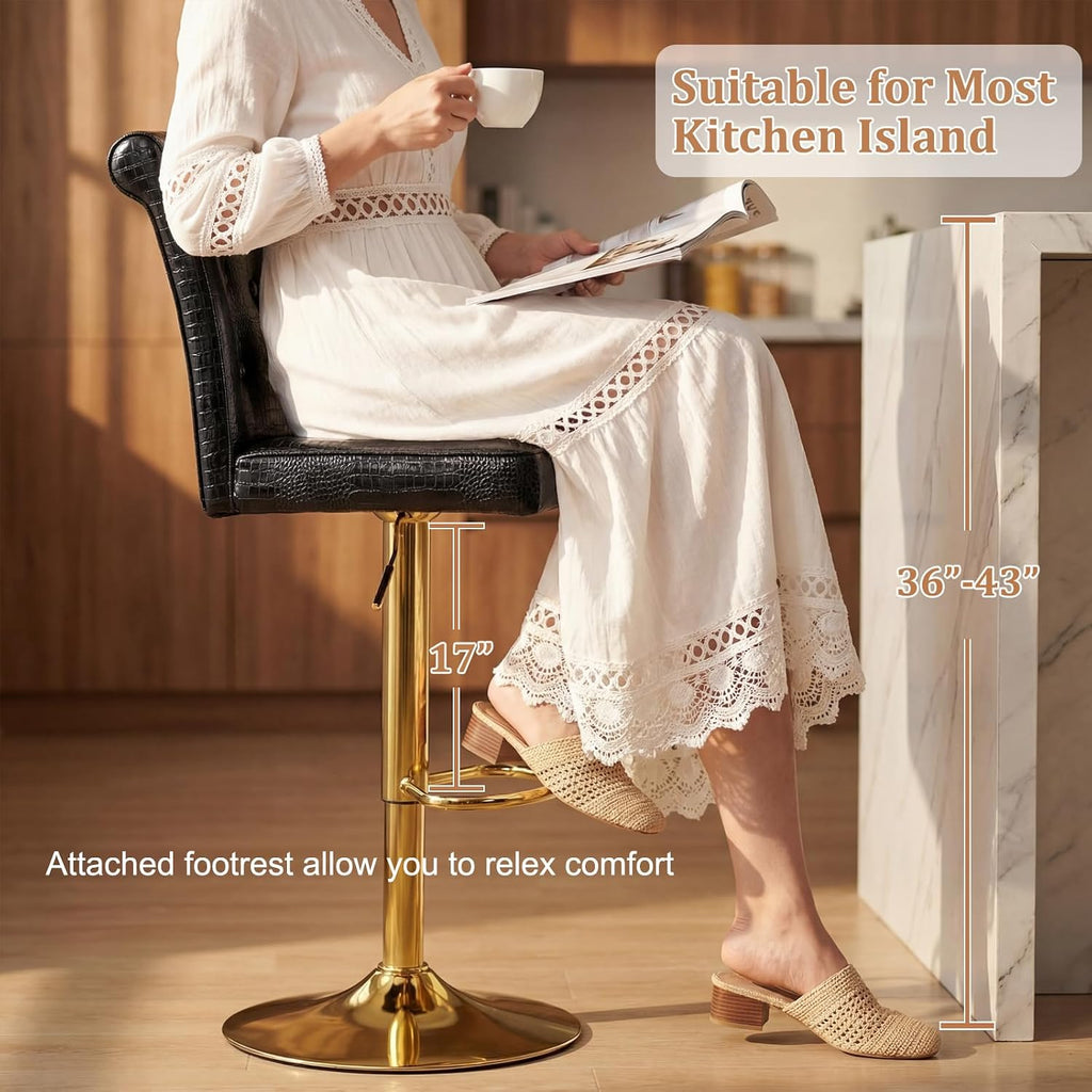 Black Adjustable Gold Leg Bar Stools Set 2