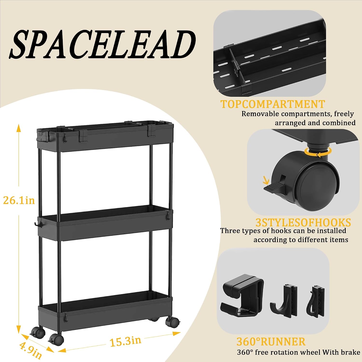 Black 3-Tier Slim Rolling Storage Cart