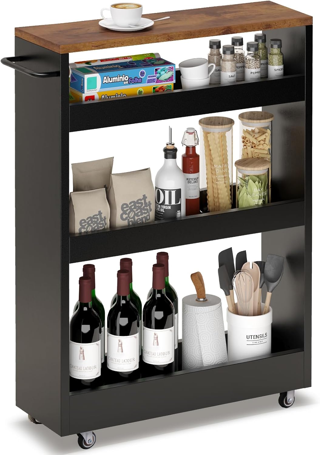 Black Adjustable 4-Tier Slim Rolling Cart