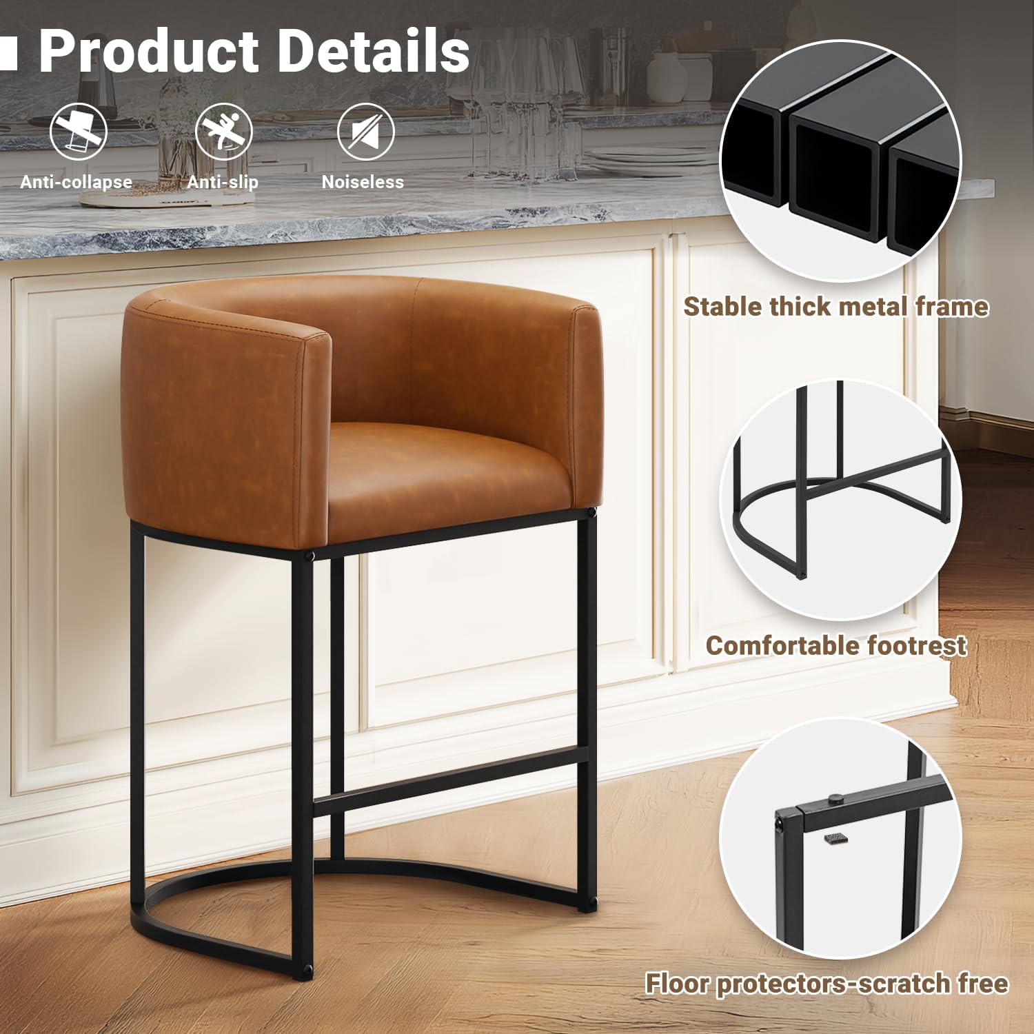 Walnut Brown Arm Counter Bar Stools Set of 2