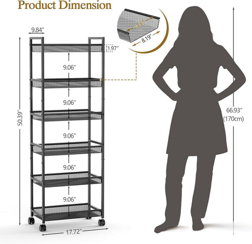 Black 6-Tier Wire Slim Rolling Storage Cart