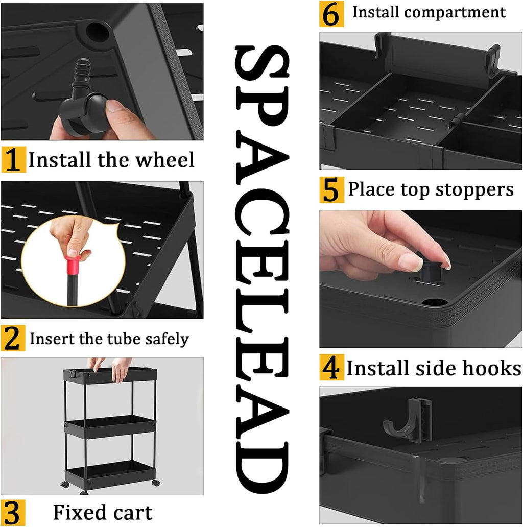 Black 3-Tier Slim Rolling Storage Cart