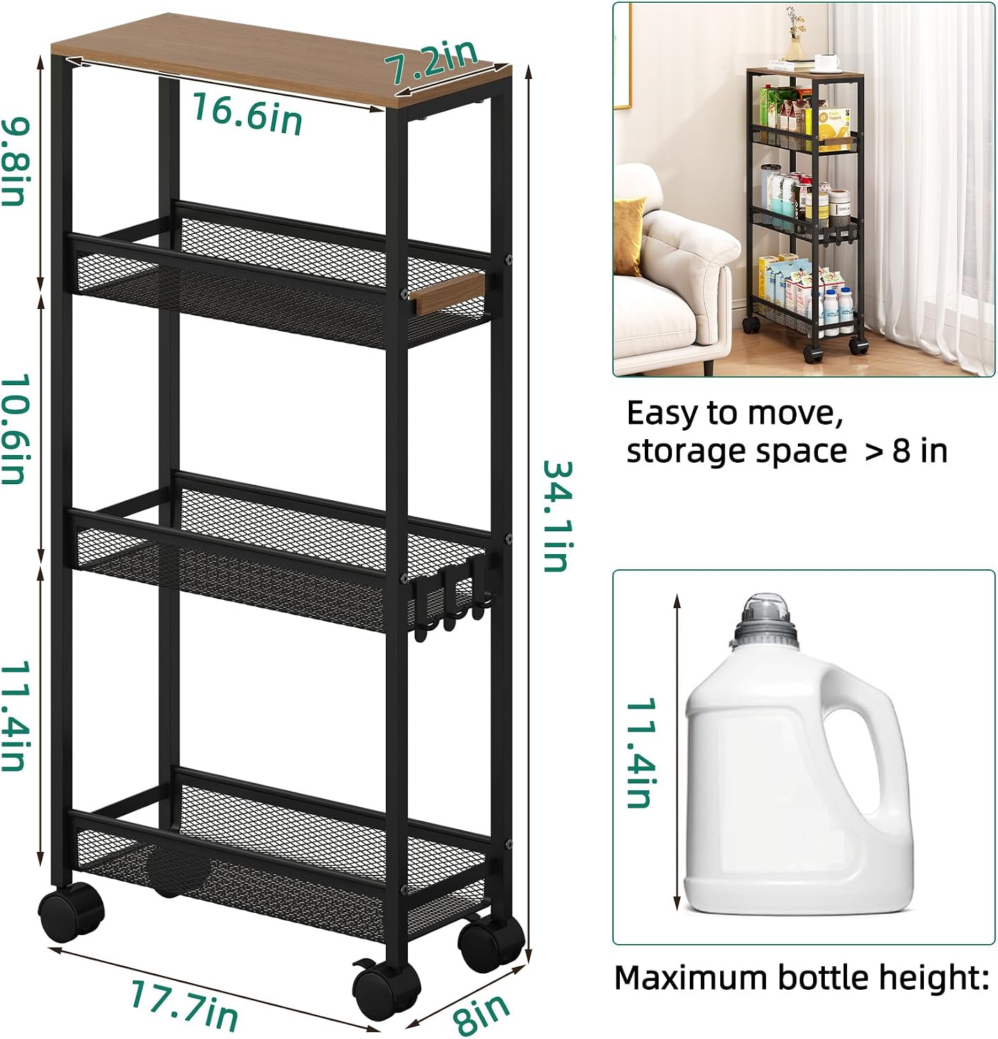 Black 4-Tier Rolling Slim Storage Cart