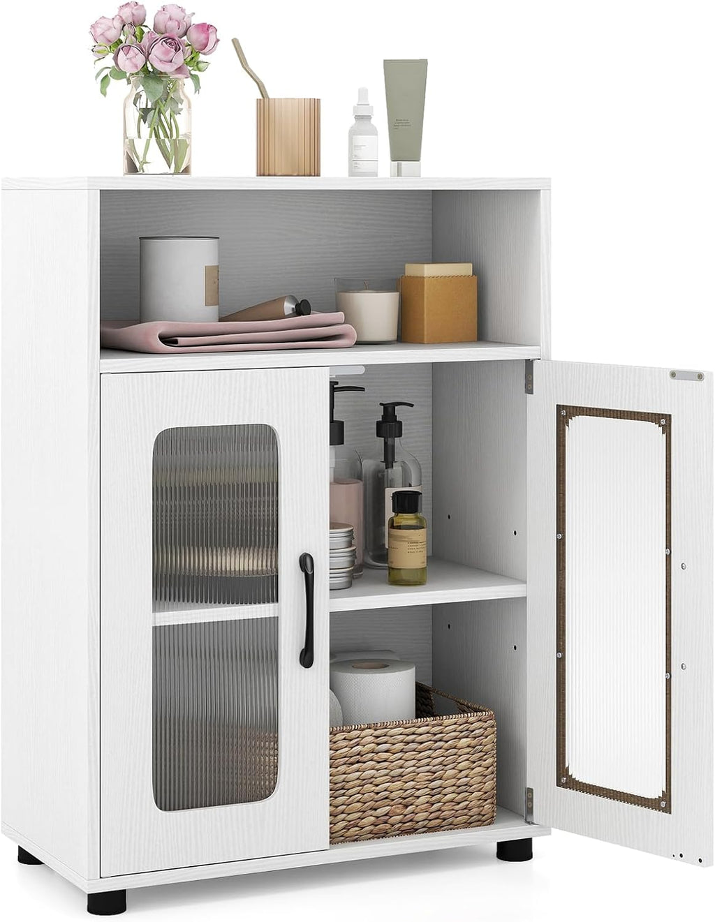 White Fluted Door Bathroom Storage Cabinet