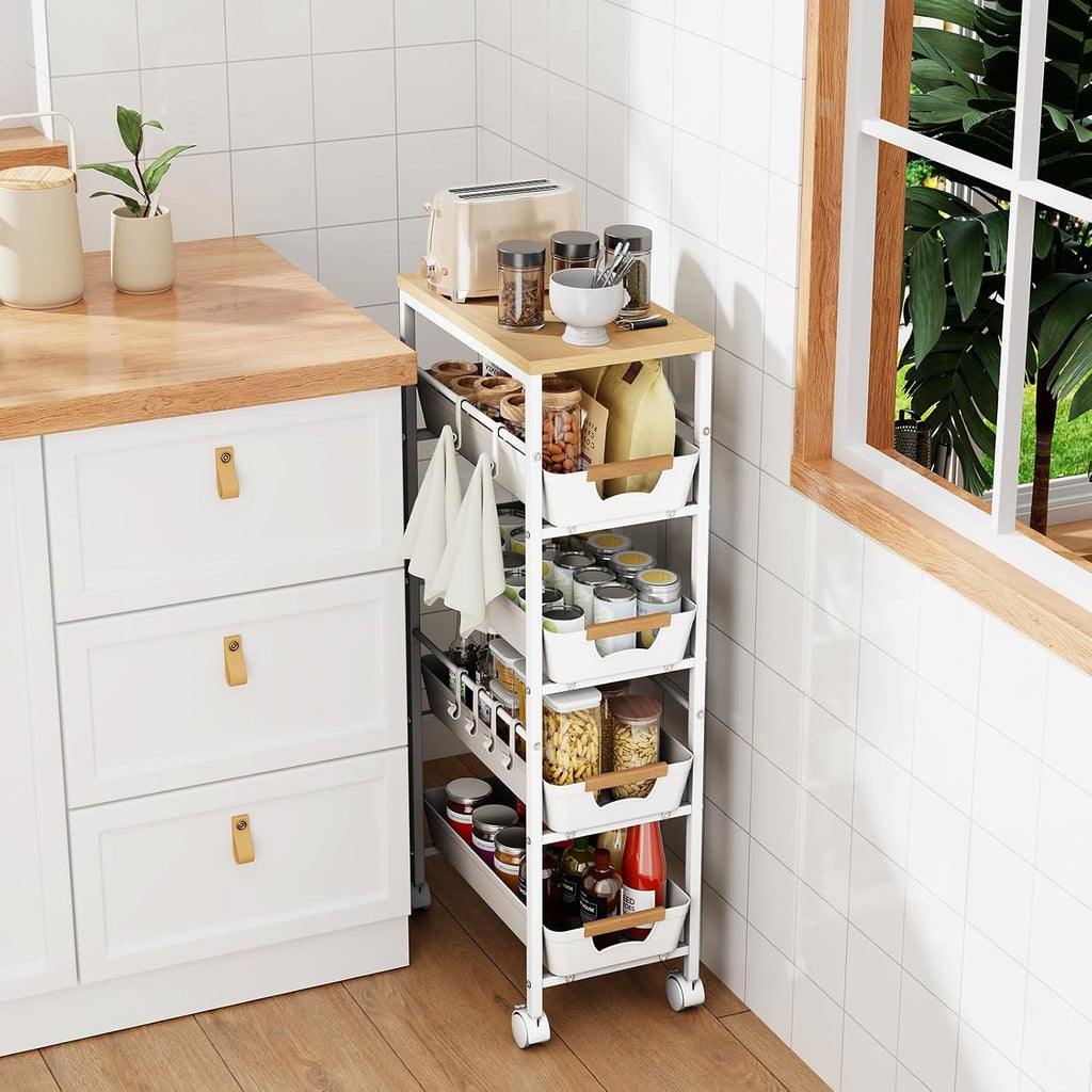 White Wood Top Slim Cart with Baskets