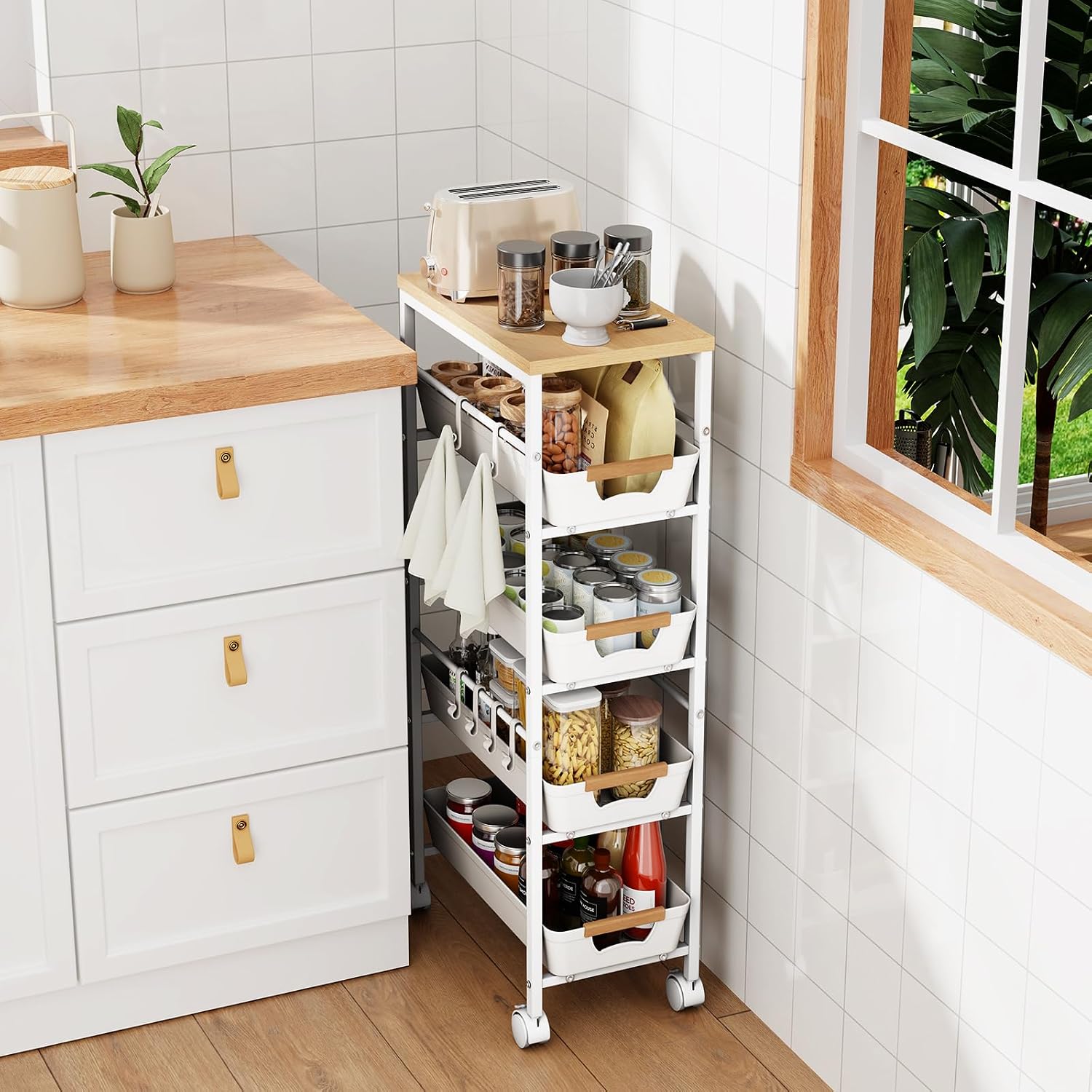White Wood Top Slim Cart with Baskets