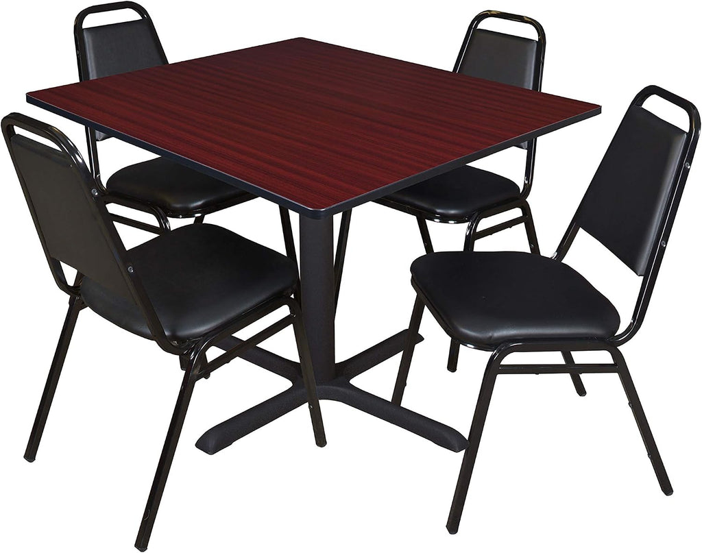Mahogany X-Base Table & Black Stackable Chairs Set