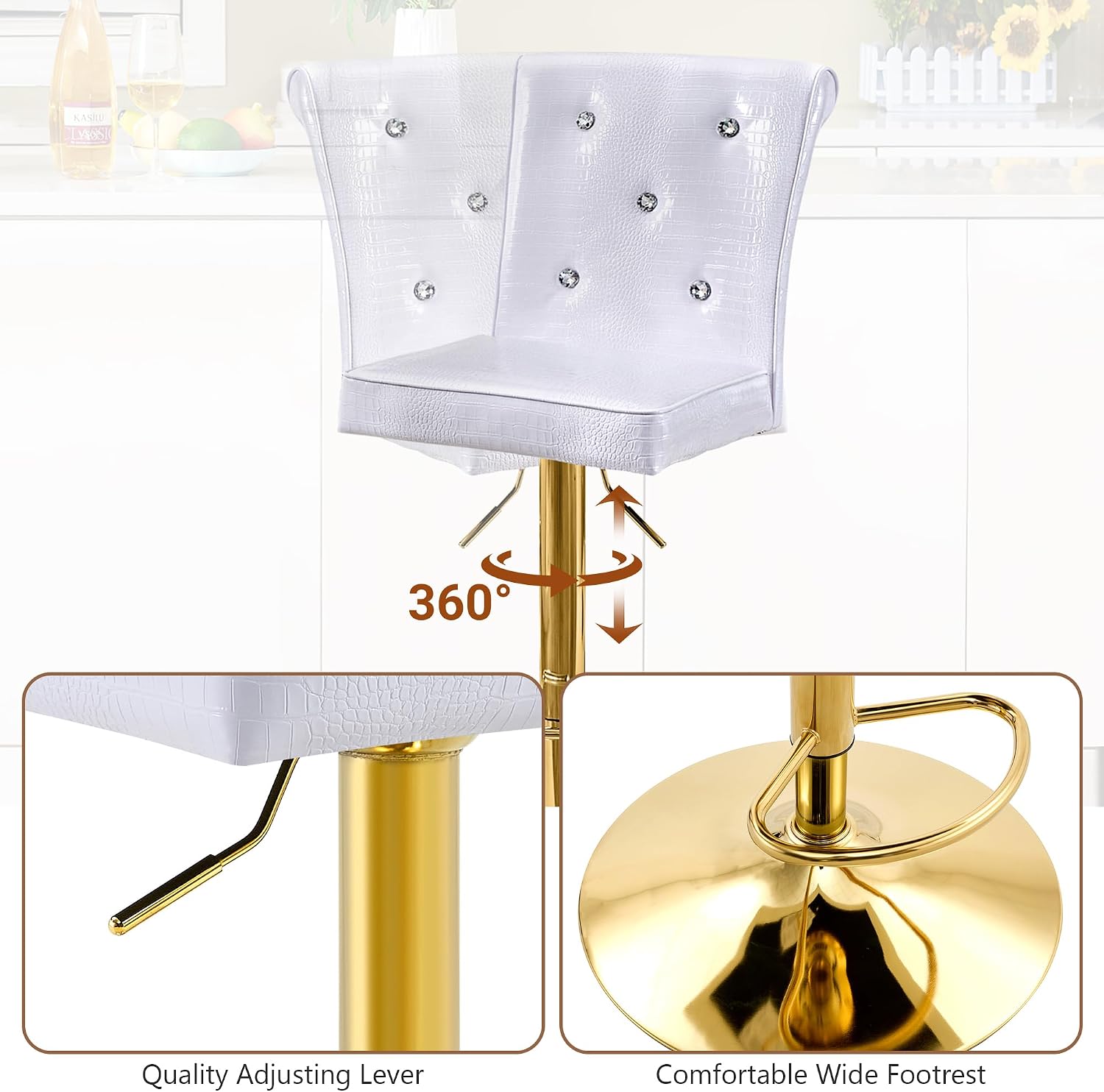 White Gold Leg Tufted Bar Stools Set 4