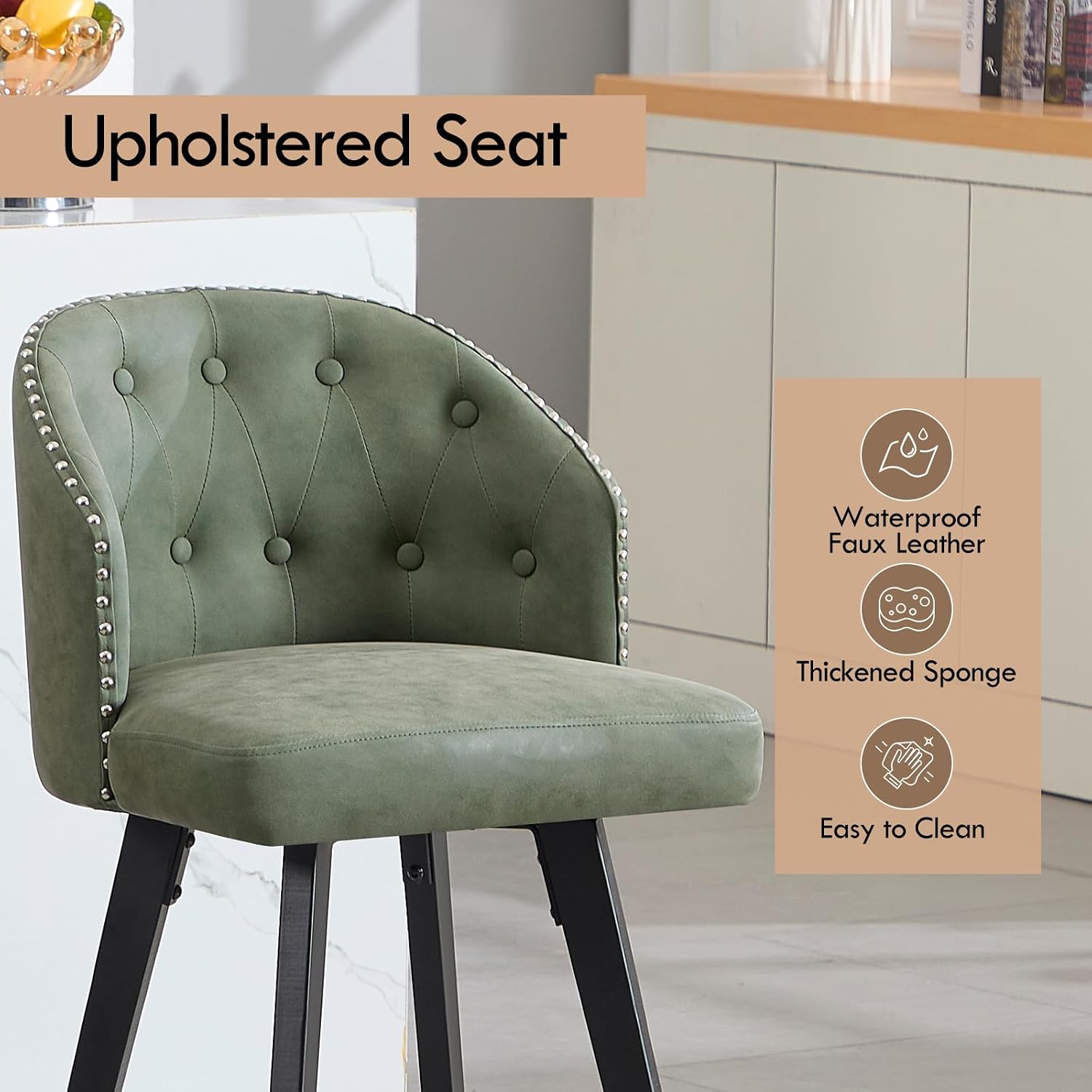 Green Tufted Bar Stools Set 2