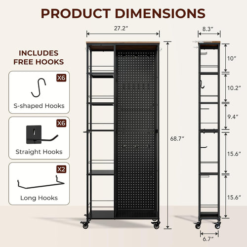 Black 5-Tier Slim Cart with Pegboard