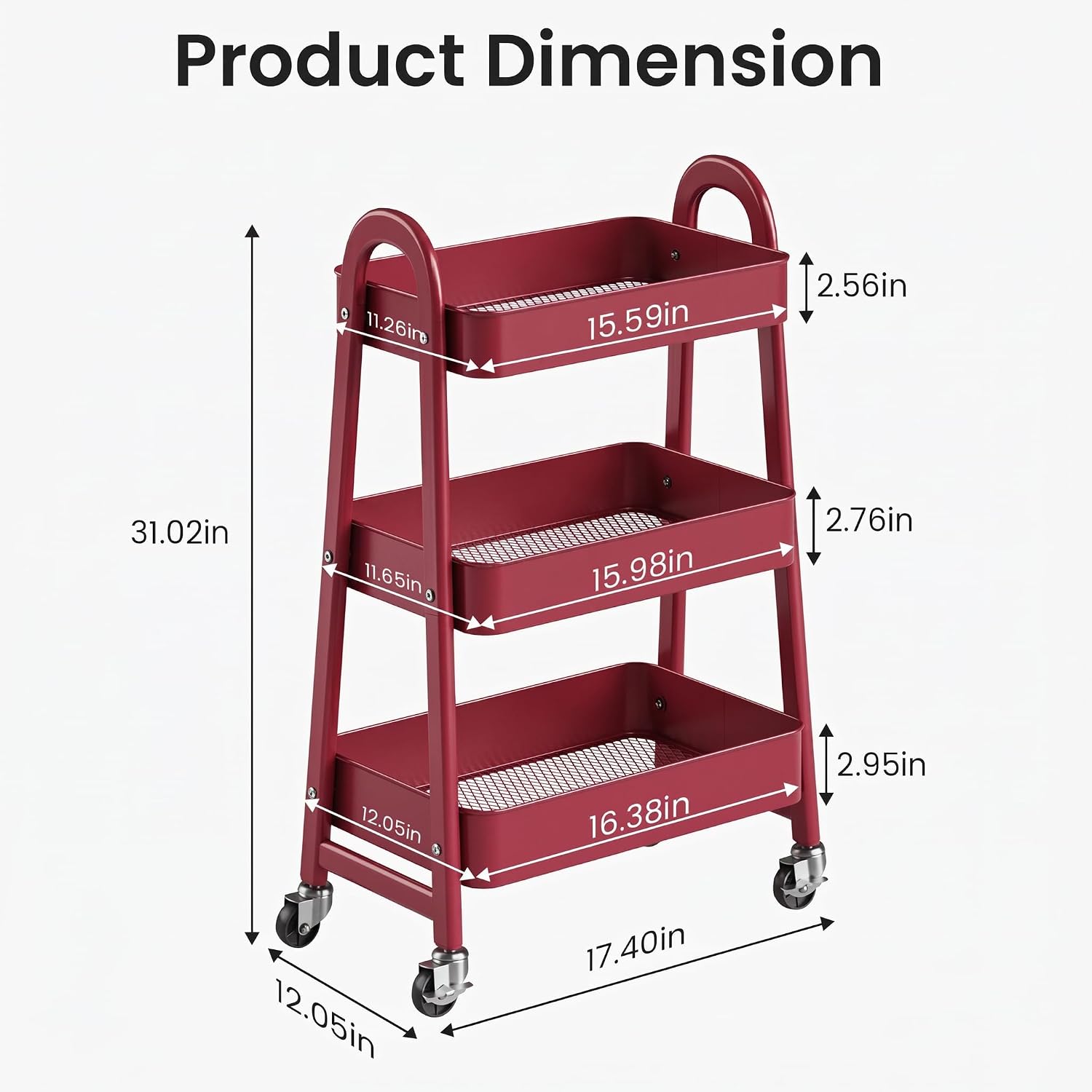 Red 3-Tier Rolling Storage Cart