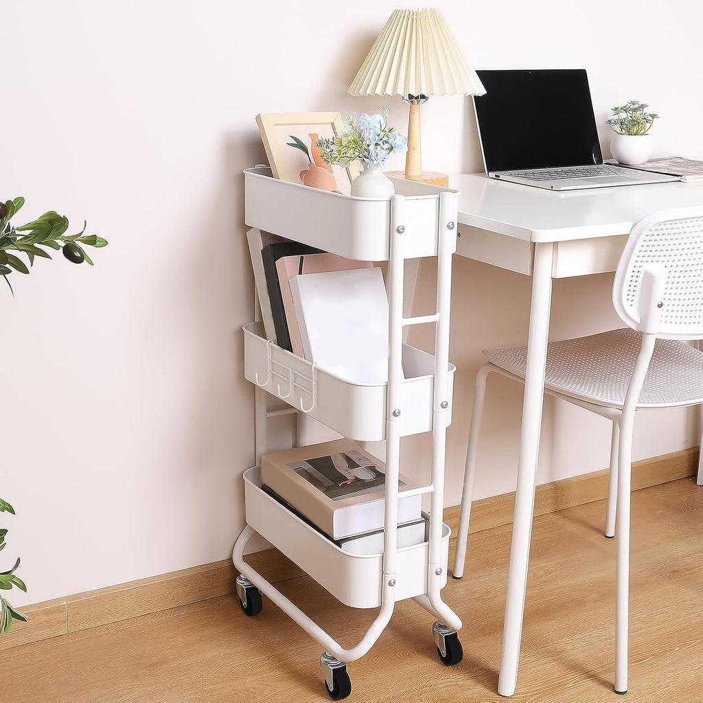 White 3-Tier Slim Rolling Cart with Hooks