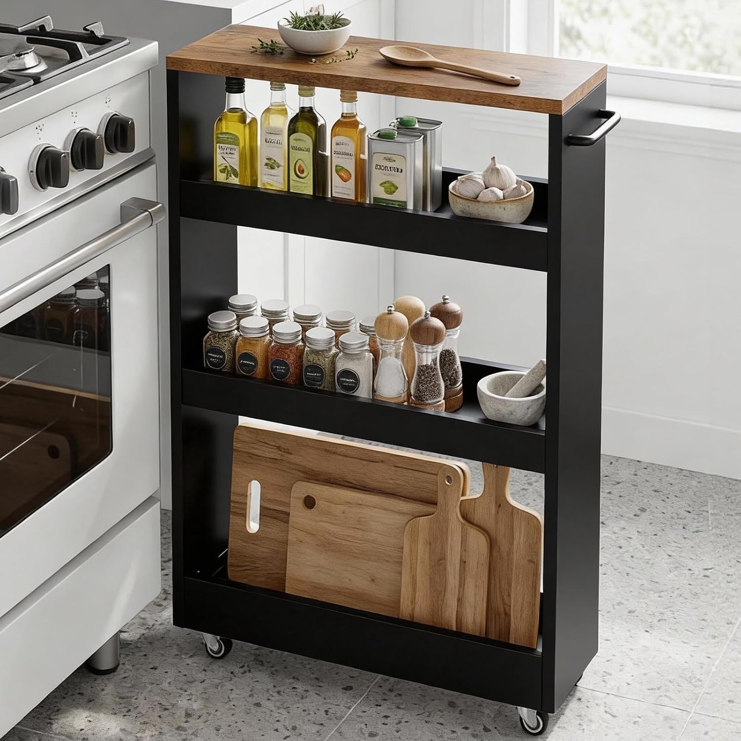 Black Adjustable 4-Tier Slim Rolling Cart