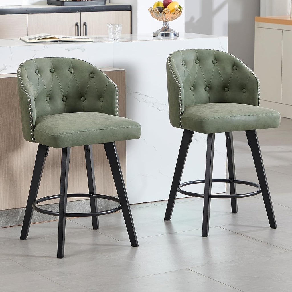 Green Tufted Bar Stools Set 2