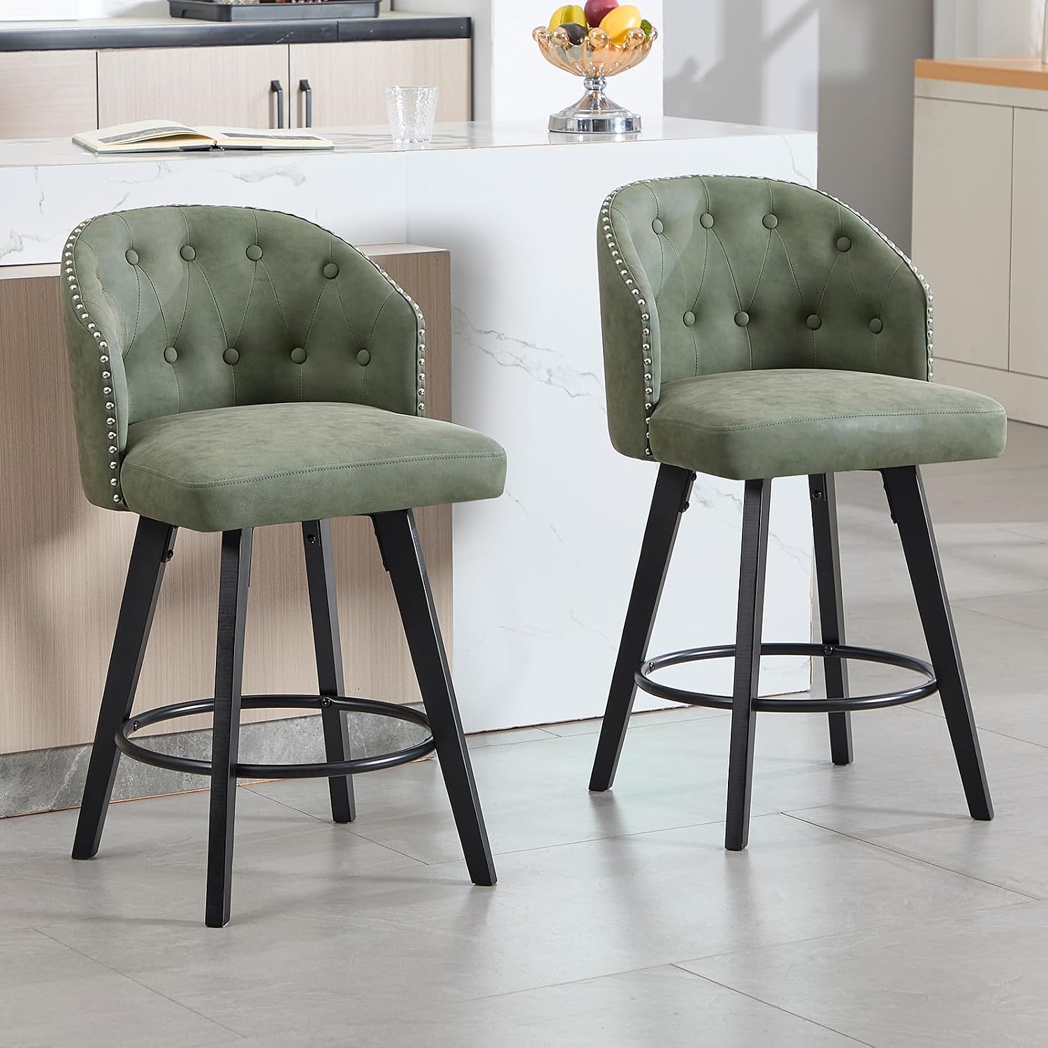 Green Tufted Bar Stools Set 2