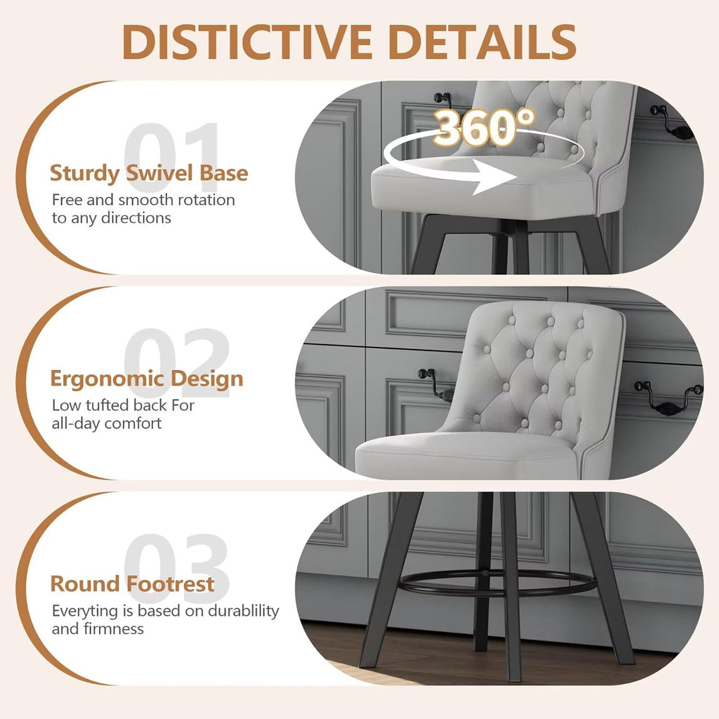 Light Gray Tufted Swivel Bar Stools Set of 3