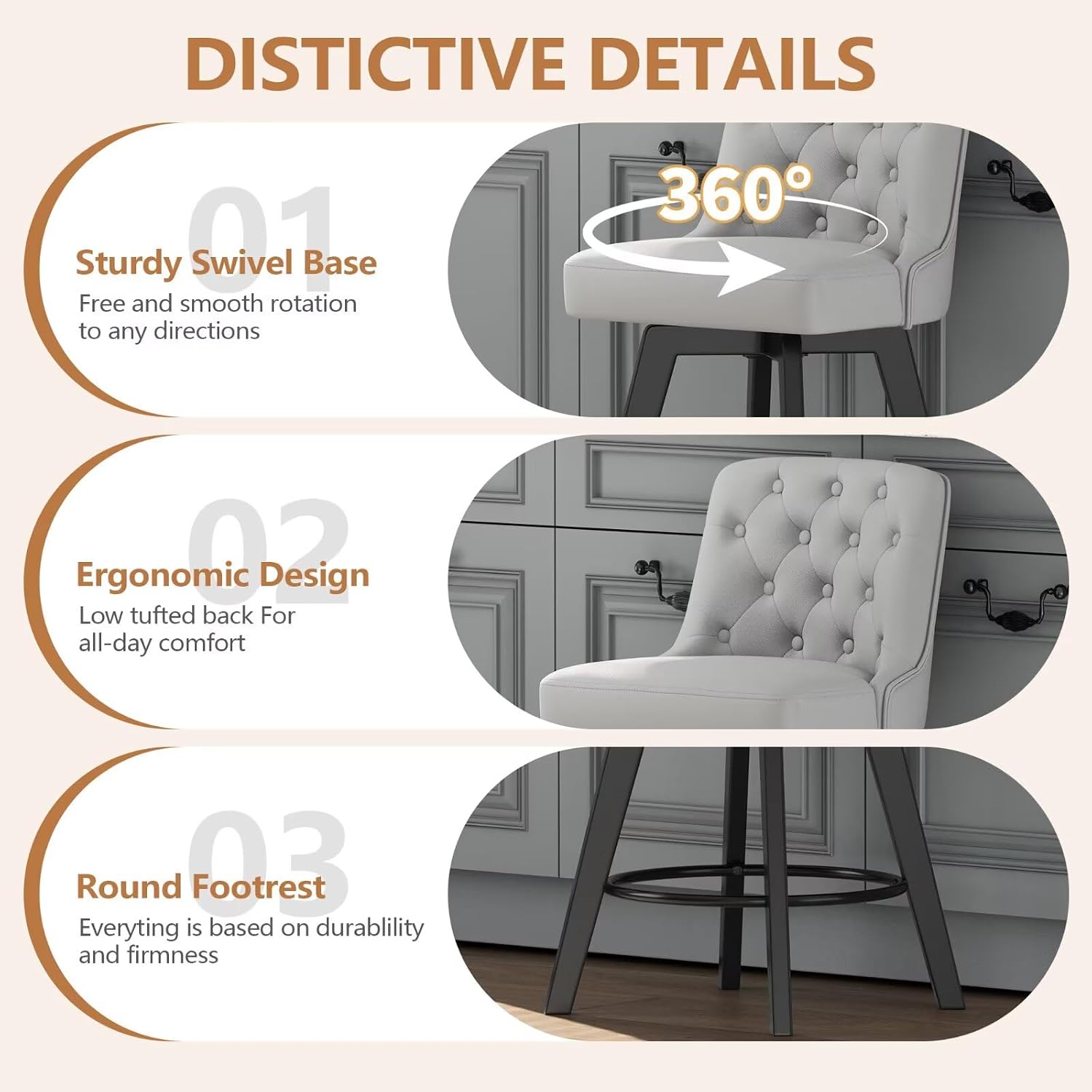 Light Gray Tufted Swivel Bar Stools Set of 3