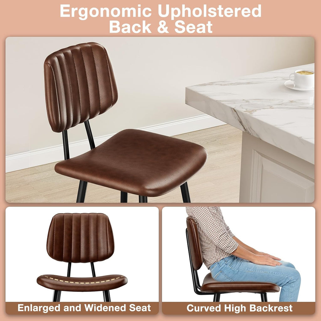 Dark Brown High Back Leather Bar Stools Set of 2