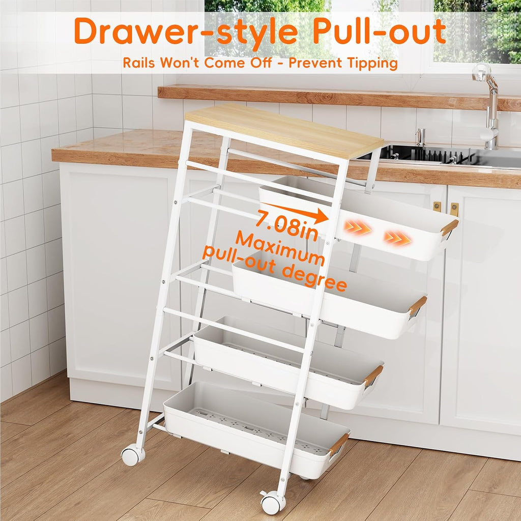 White Wood Top Slim Cart with Baskets
