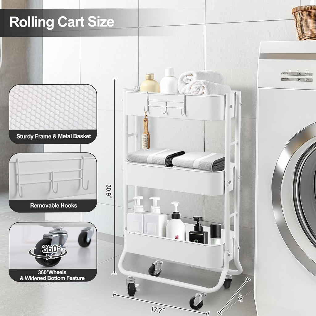 White 3-Tier Slim Rolling Cart with Hooks