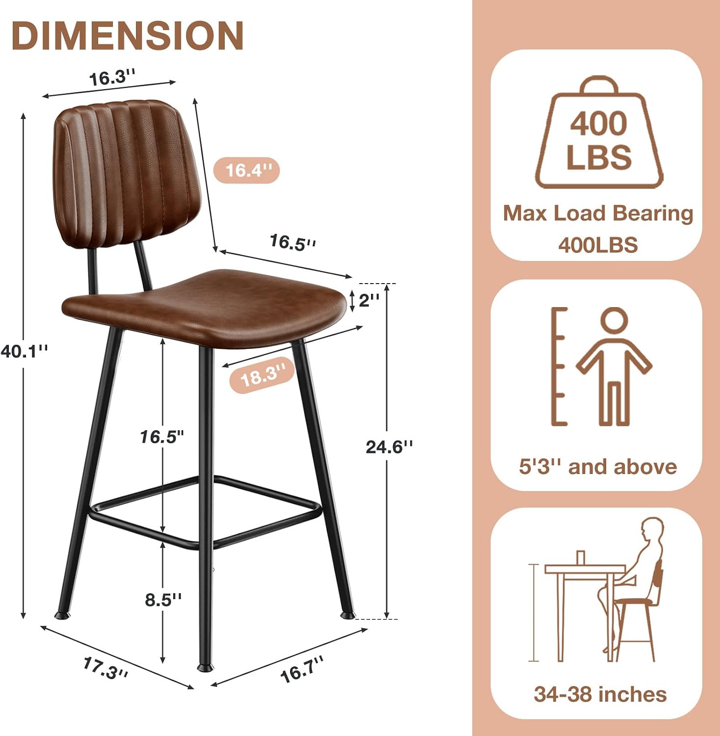 Dark Brown High Back Leather Bar Stools Set of 2