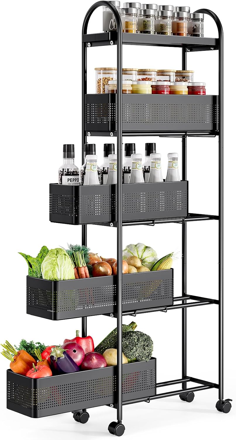 5-Tier Slim Rolling Cart with Drawer
