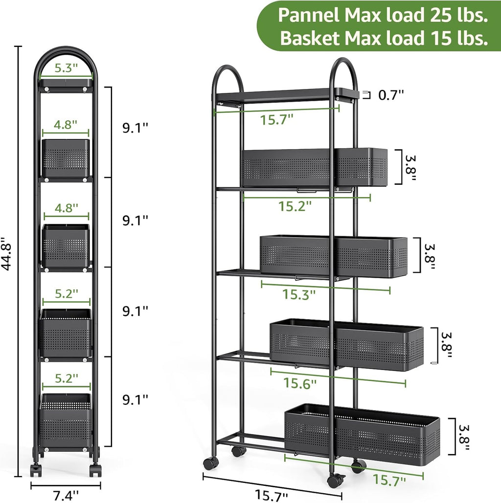 5-Tier Slim Rolling Cart with Drawer