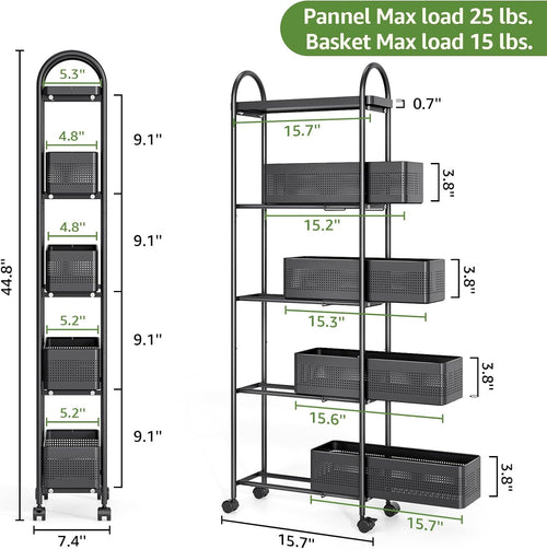 5-Tier Slim Rolling Cart with Drawer