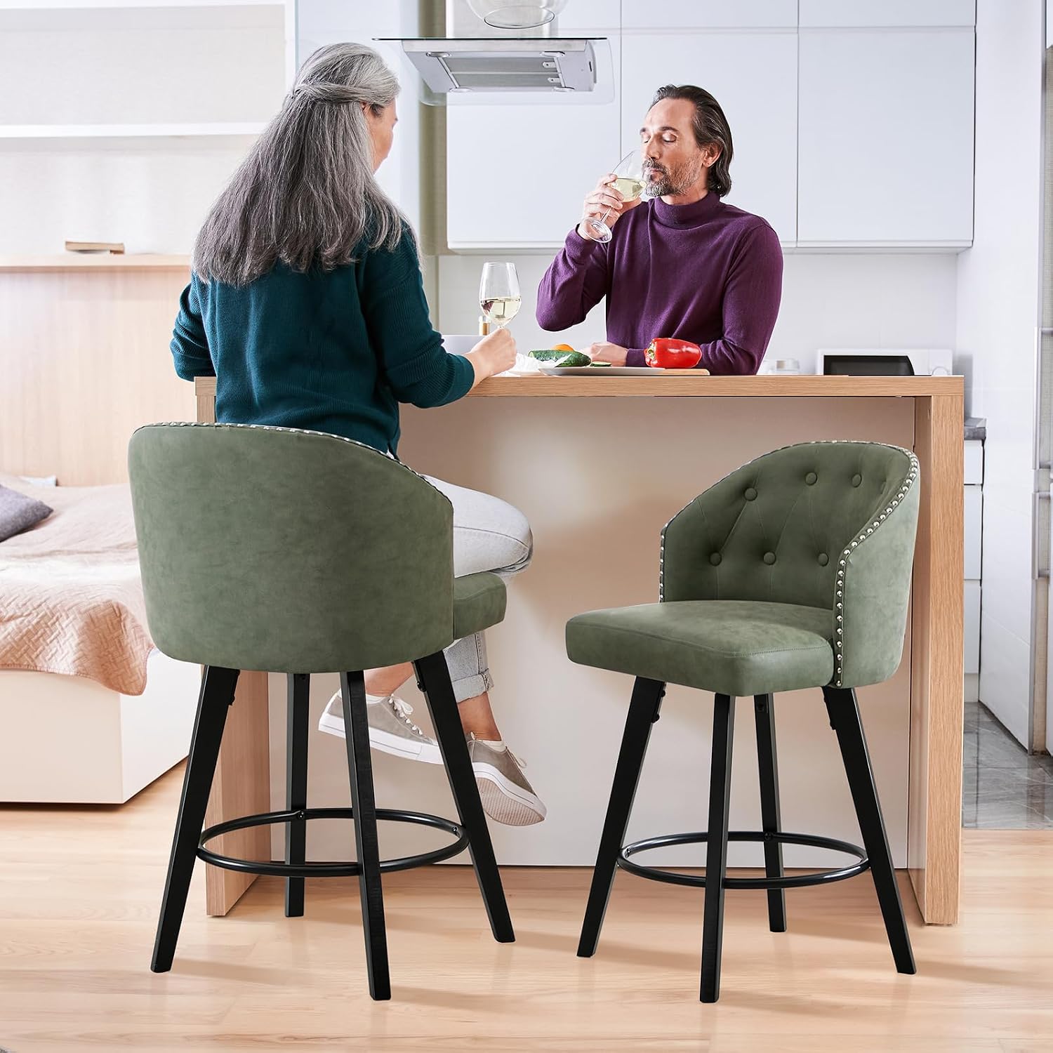 Green Tufted Bar Stools Set 2