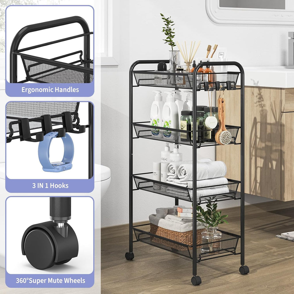 4-Tier Rolling Cart with Hooks