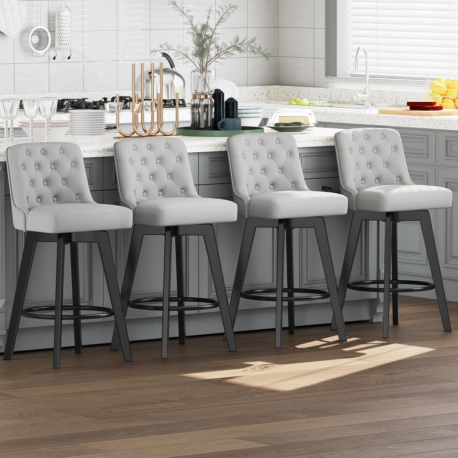 Light Gray Tufted Swivel Bar Stools Set of 3