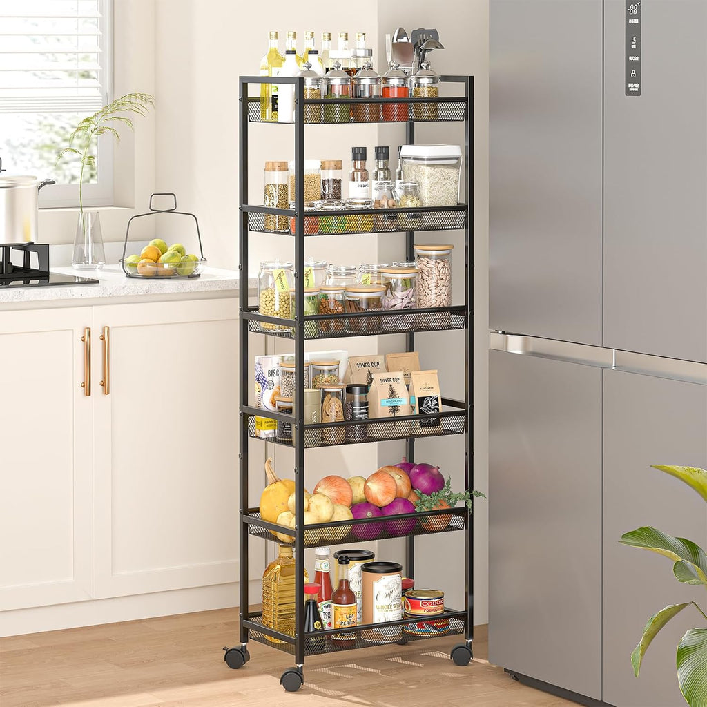 Black 6-Tier Wire Slim Rolling Storage Cart