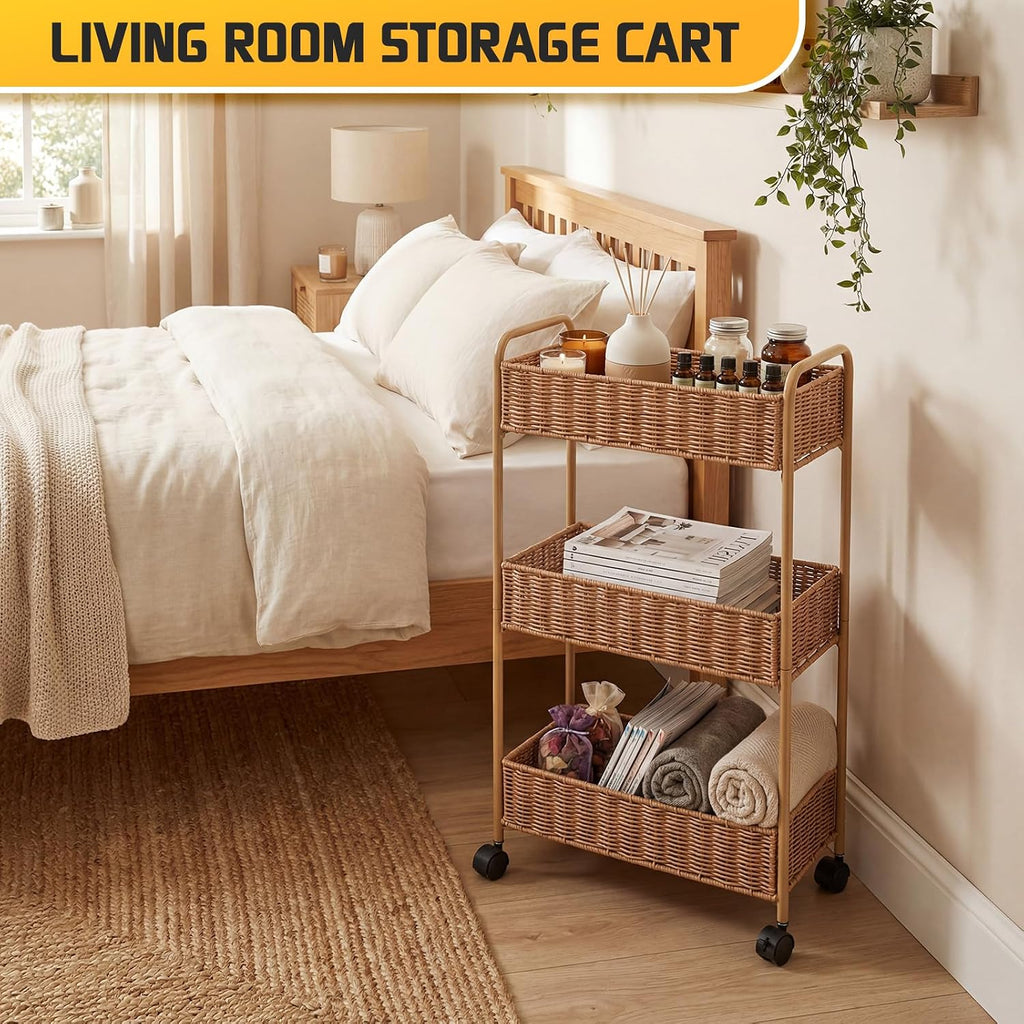 Natural 3-Tier Slim Rolling Storage Cart