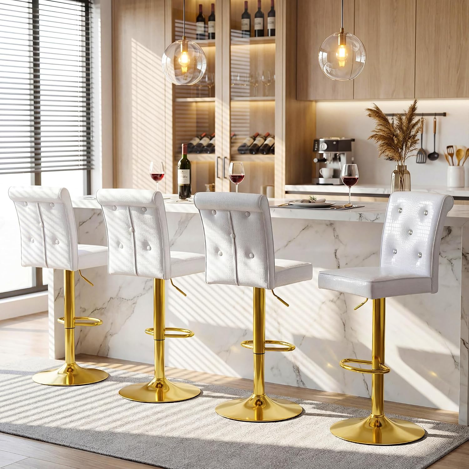White Gold Leg Tufted Bar Stools Set 4