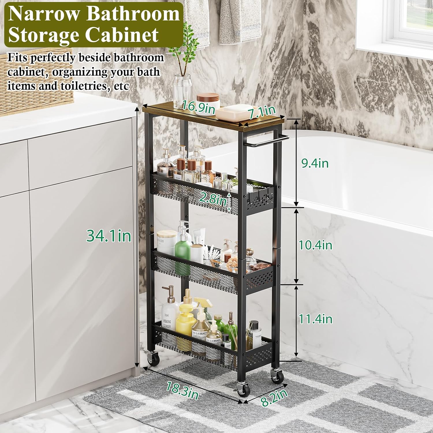 Wood Top 4-Tier Rolling Slim Storage Cart