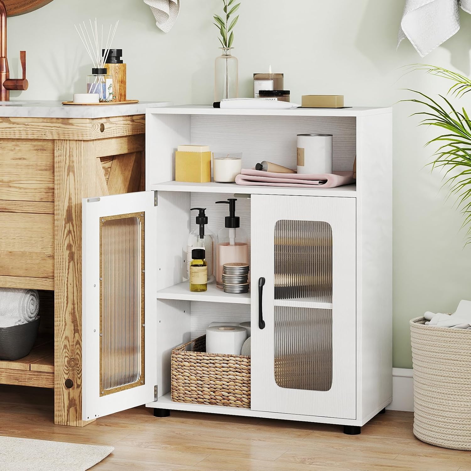 White Fluted Door Bathroom Storage Cabinet