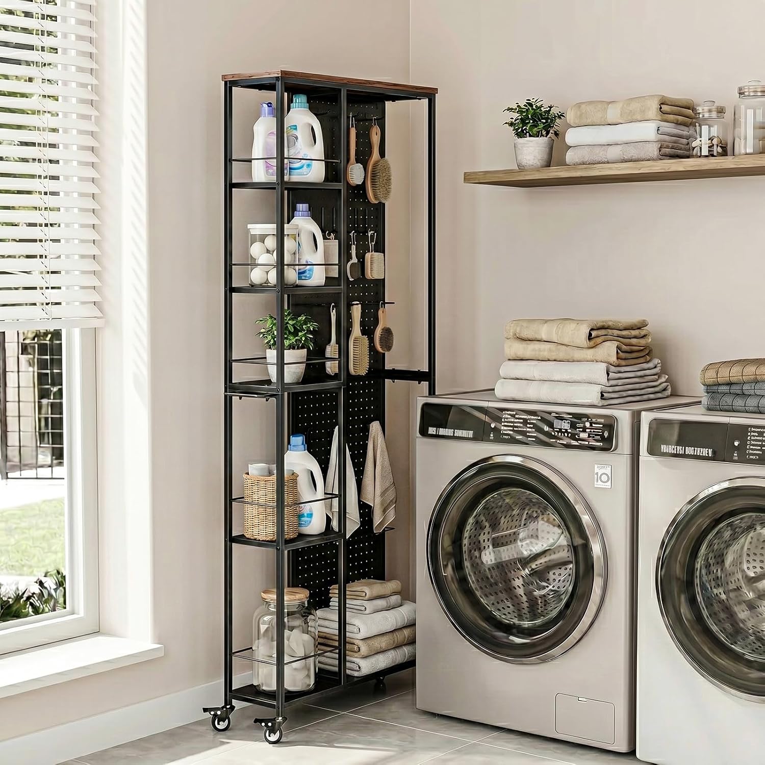 Black 5-Tier Slim Cart with Pegboard