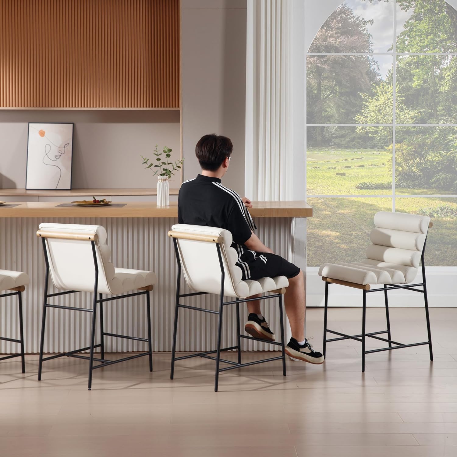 White Tufted Bar Stools Set 4