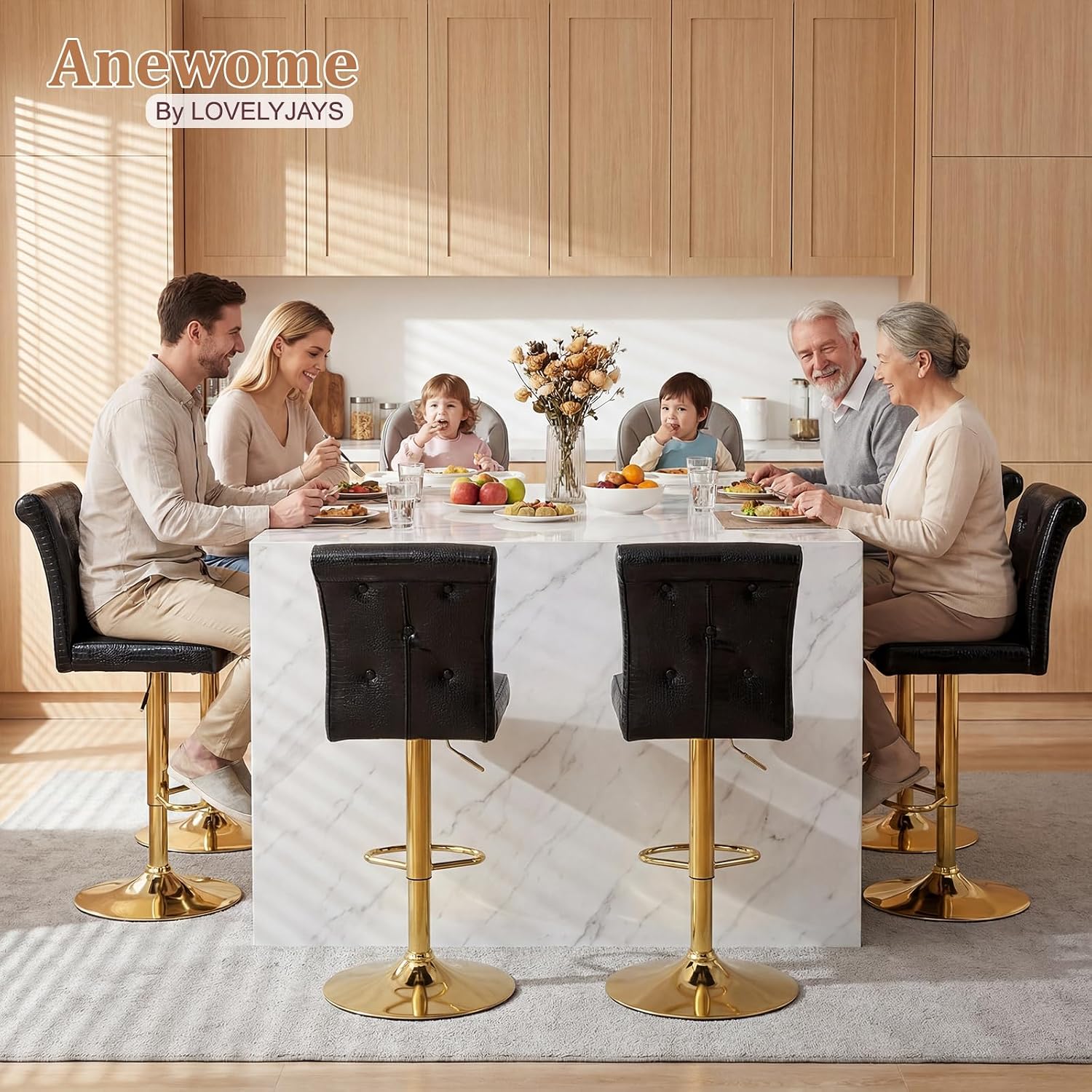 Black Adjustable Gold Leg Bar Stools Set 2